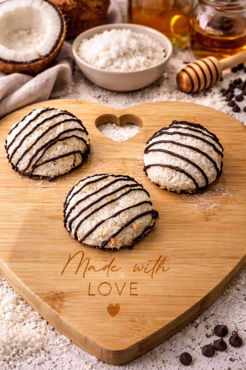 Three gluten-free coconut macaroons with dark chocolate drizzle on a wooden heart-shaped board engraved with "Made with LOVE" -- coconut, honey and chocolate chips styled in the background