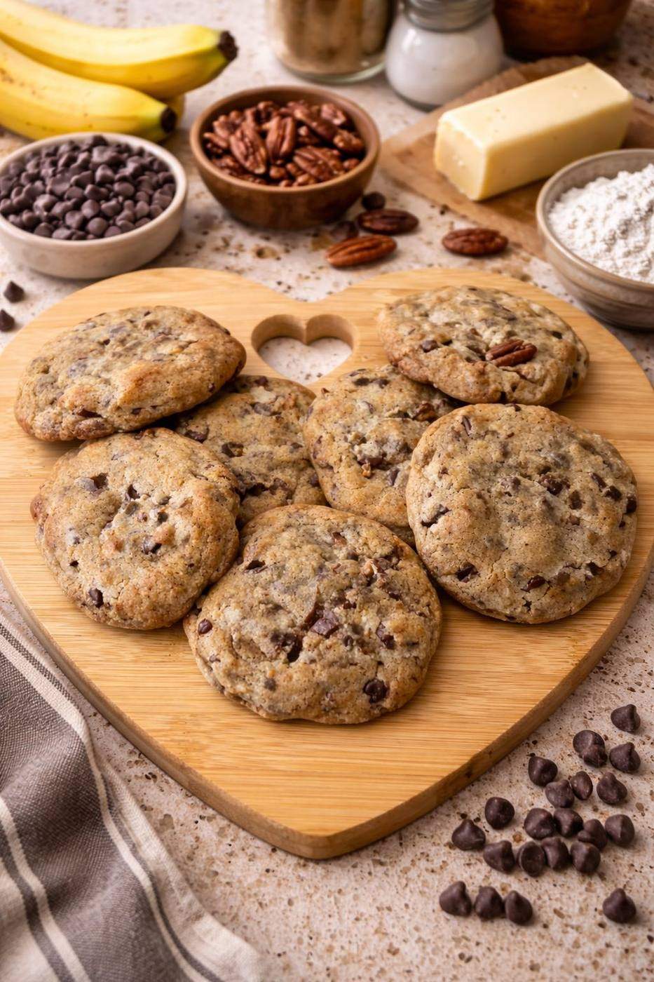 Six banana chocolate chip and pecan cookies arranged on a wooden heart-shaped board with bowls of pecans, chocolate chips and butter in the background