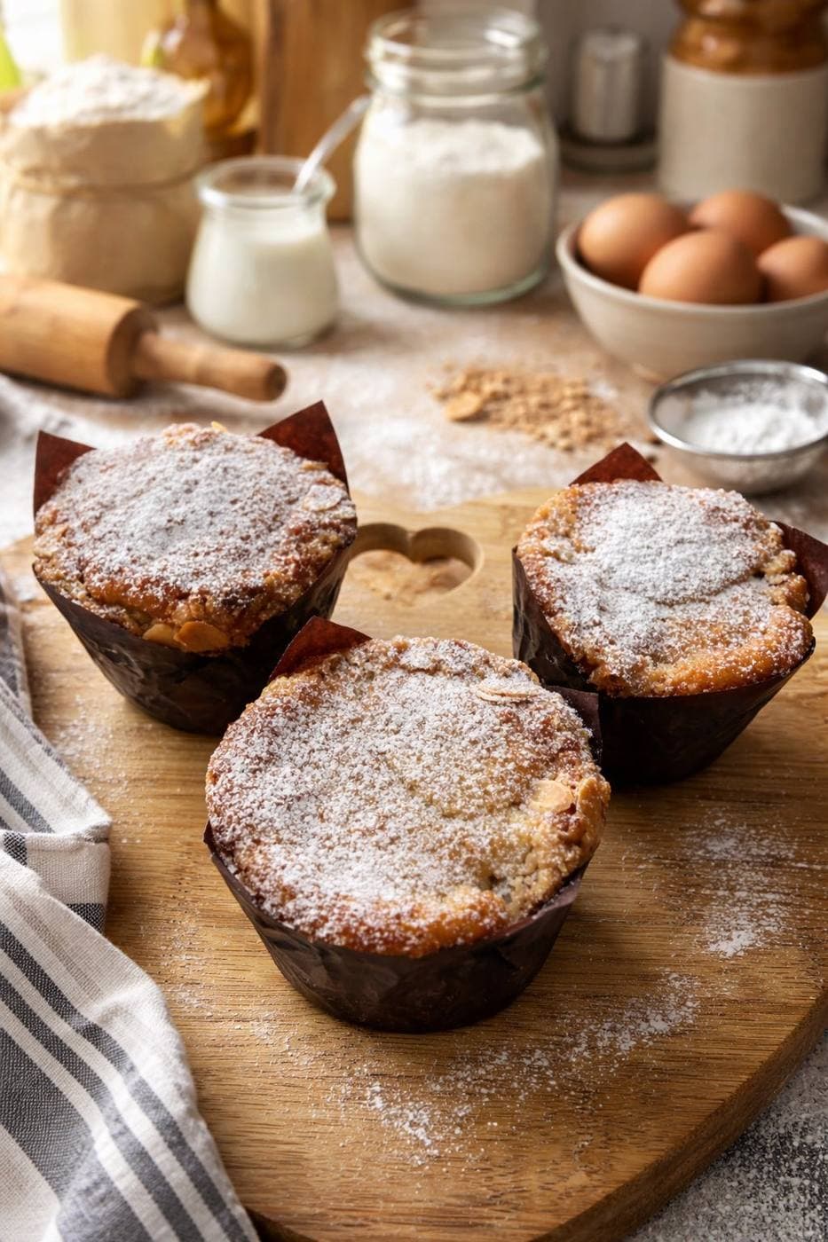 Three almond croissant muffins dusted with icing sugar on a wooden board, with flour jars, milk, eggs and a rolling pin behind — fresh from Sally's oven